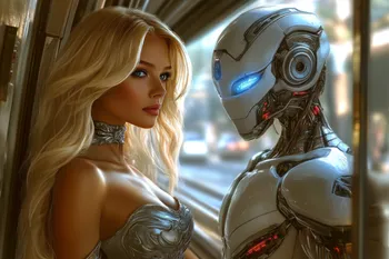 A blonde woman and a futuristic robot stand face-to-face at sunset.