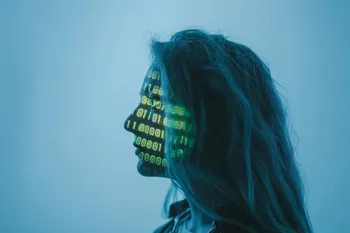 Profile of a woman's face with glowing binary code projected onto it, symbolizing artificial intelligence.