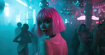 An AI-generated image of a woman in a neon-lit club, representing a creative character.