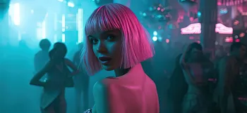 A woman with a pink bob haircut looks over her shoulder in a nightclub illuminated by cyan and magenta neon lights.