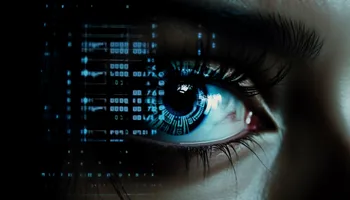 Close-up of a blue cyborg eye with digital data reflected in the iris, representing AI processing.