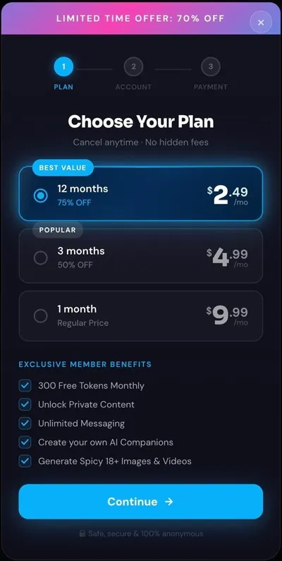 Camsoda AI checkout with a 'Limited time offer: 70% off' banner: 12 months at $2.49 per month (preselected, Best Value), 3 months at $4.99 per month and 1 month at $9.99 per month, plus member benefits including 300 free tokens monthly.