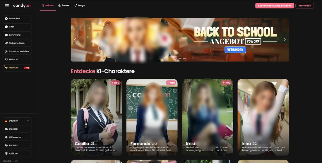 Candy.ai interface showing a gallery of customizable AI companions
