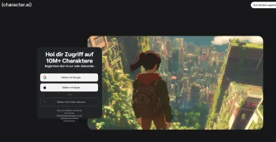 The Character.ai homepage promoting access to over 10 million user-made characters, with Google, Apple and email sign-in options.