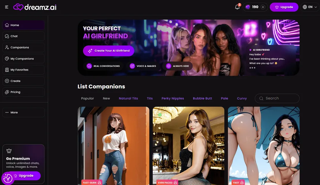 Dreamz.ai companion browser showing the AI girlfriend hero banner and a grid of AI companions