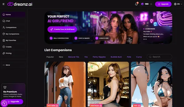 Dreamz.ai companion browser showing the AI girlfriend hero banner and a grid of AI companions