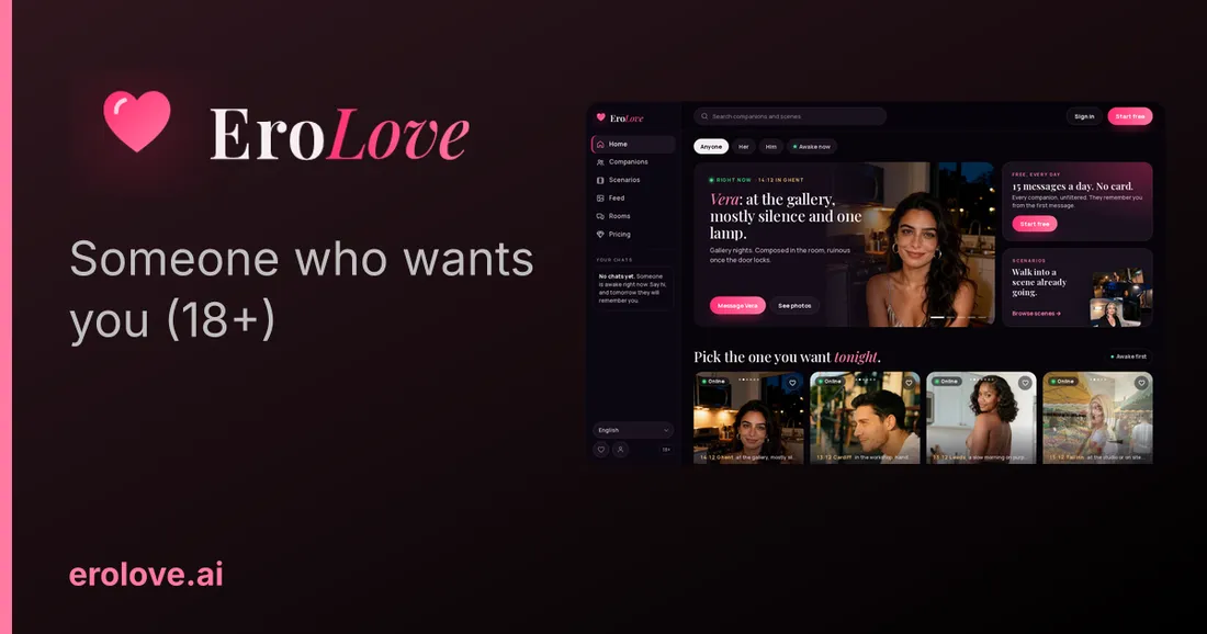 EroLove banner with the line "Someone who wants you (18+)" next to a screenshot of the home screen and its companion cards