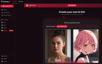 FantasyGF's character creation screen, asking the user to choose between realistic or anime style for their AI girl.
