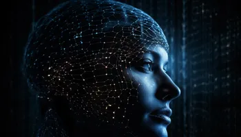 A human face in profile, lit in blue, with a glowing network of lines and nodes over the head against a dark background.