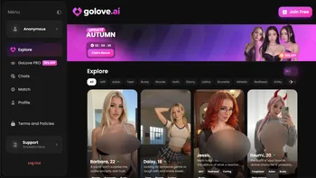 A screenshot of the Golove.ai website interface, showing various AI character profiles available for chat.