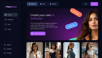 A screenshot of the Herahaven.com website, showing the chat interface with an AI girlfriend.