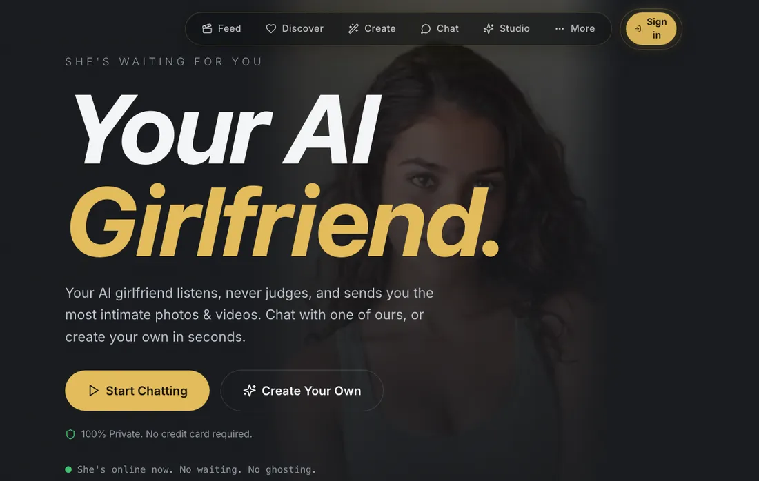 HeyGF homepage hero reading "Your AI Girlfriend." with Start Chatting and Create Your Own buttons