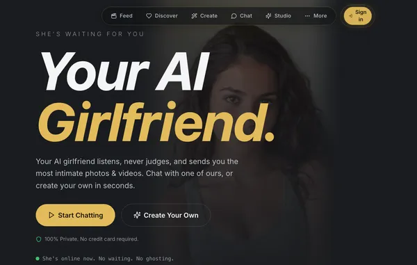 HeyGF homepage hero reading "Your AI Girlfriend." with Start Chatting and Create Your Own buttons