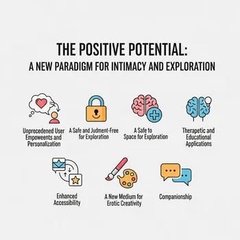 Infographic showing positive potentials of AI in adult entertainment, like safety and creativity.