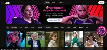 The homepage of Joi.com, displaying various AI characters available for chat.