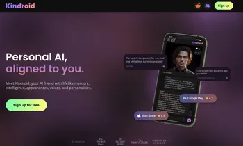 This is the website landing page for Kindroid, a personal AI companion app.