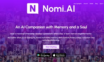 The homepage for Nomi.AI, showing a diverse group of illustrated AI companions.