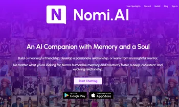 The landing page for Nomi.AI, featuring an AI companion with the tagline 'AI Companion with Memory and a Soul.'