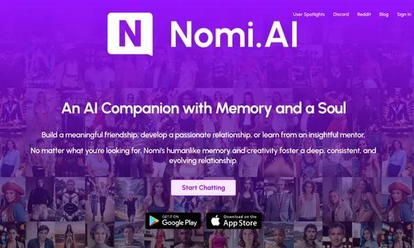 Nomi.ai chat interface with an AI companion