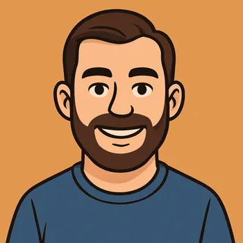 This is a comic-style illustration of a smiling man with a beard and a blue t-shirt against an orange background.