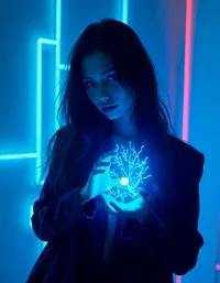 Futuristic portrait of a woman holding a glowing AI neural network structure.