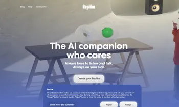 This is a screenshot of the Replika website's homepage, which advertises 'The AI companion who cares' and displays a cookie consent notice.