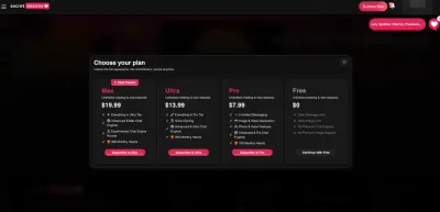 SecretDesires 'Choose your plan' screen showing Free, Pro ($7.99), Ultra ($13.99) and Max ($19.99) tiers with their monthly Hearts allowances.