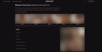 Seduced.com's 'Reuse Characters Across Generations' screen showing five saved characters and a list of scene presets.