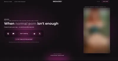 The Seduced.com homepage headlined 'When normal porn isn't enough', with social sign-in options and a 'Start creating' button.