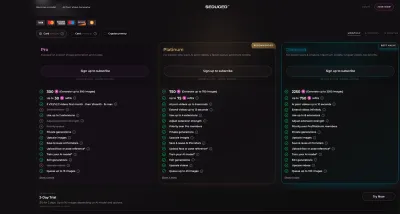 Seduced.com's public plans page showing the Pro, Platinum and Diamond tiers with credit allowances and a $10 two-day trial.