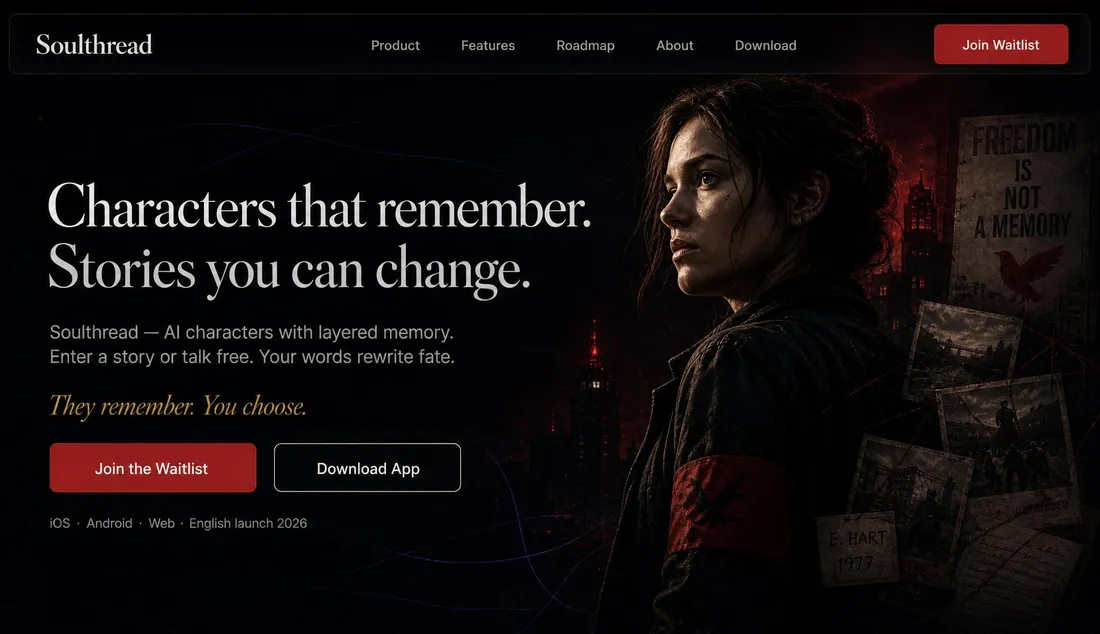 Soulthread landing page with the tagline 'Characters that remember. Stories you can change.'