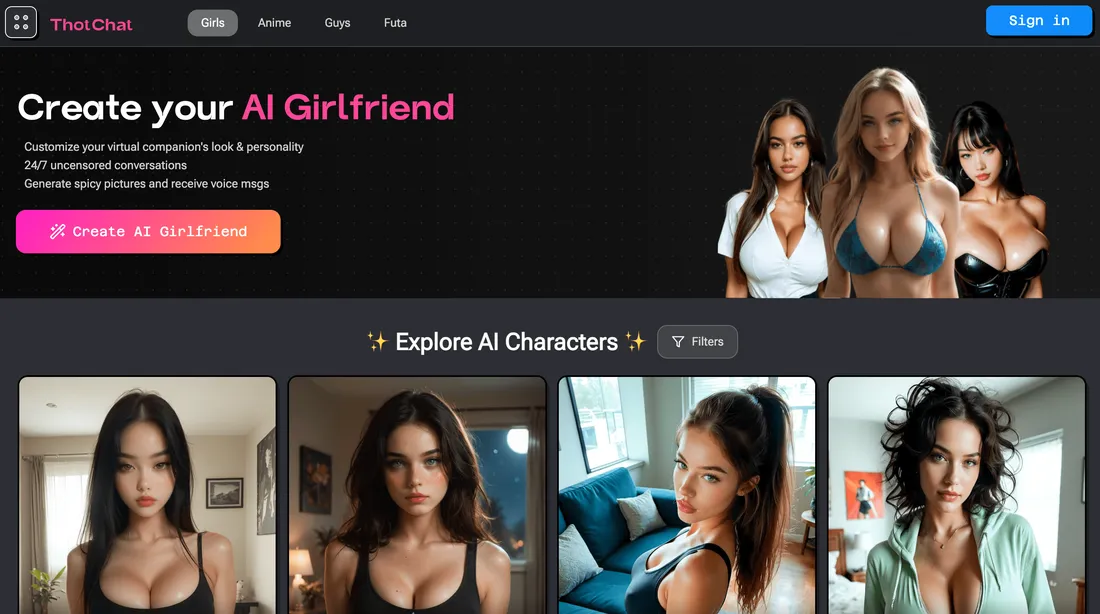 ThotChat.ai NSFW companion landing page