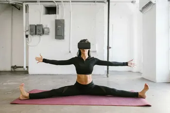 A woman wearing a VR headset, representing the immersive multimedia features of Candy.ai