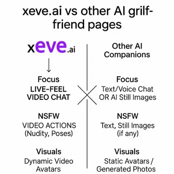 A chart comparing xeve.ai's video-centric approach to other AI companions that focus on text and static images.